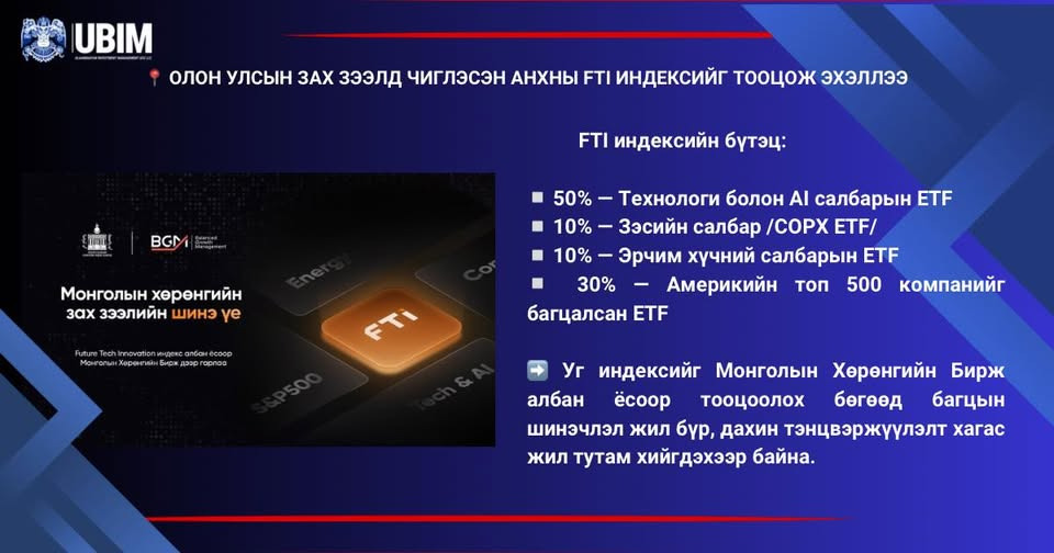 МОНГОЛЫН ХӨРӨНГИЙН БИРЖ ОЛОН УЛСЫН ЗАХ ЗЭЭЛД ЧИГЛЭСЭН АНХНЫ FTI ИНДЕКСИЙГ ТООЦОЖ ЭХЭЛЛЭЭ.